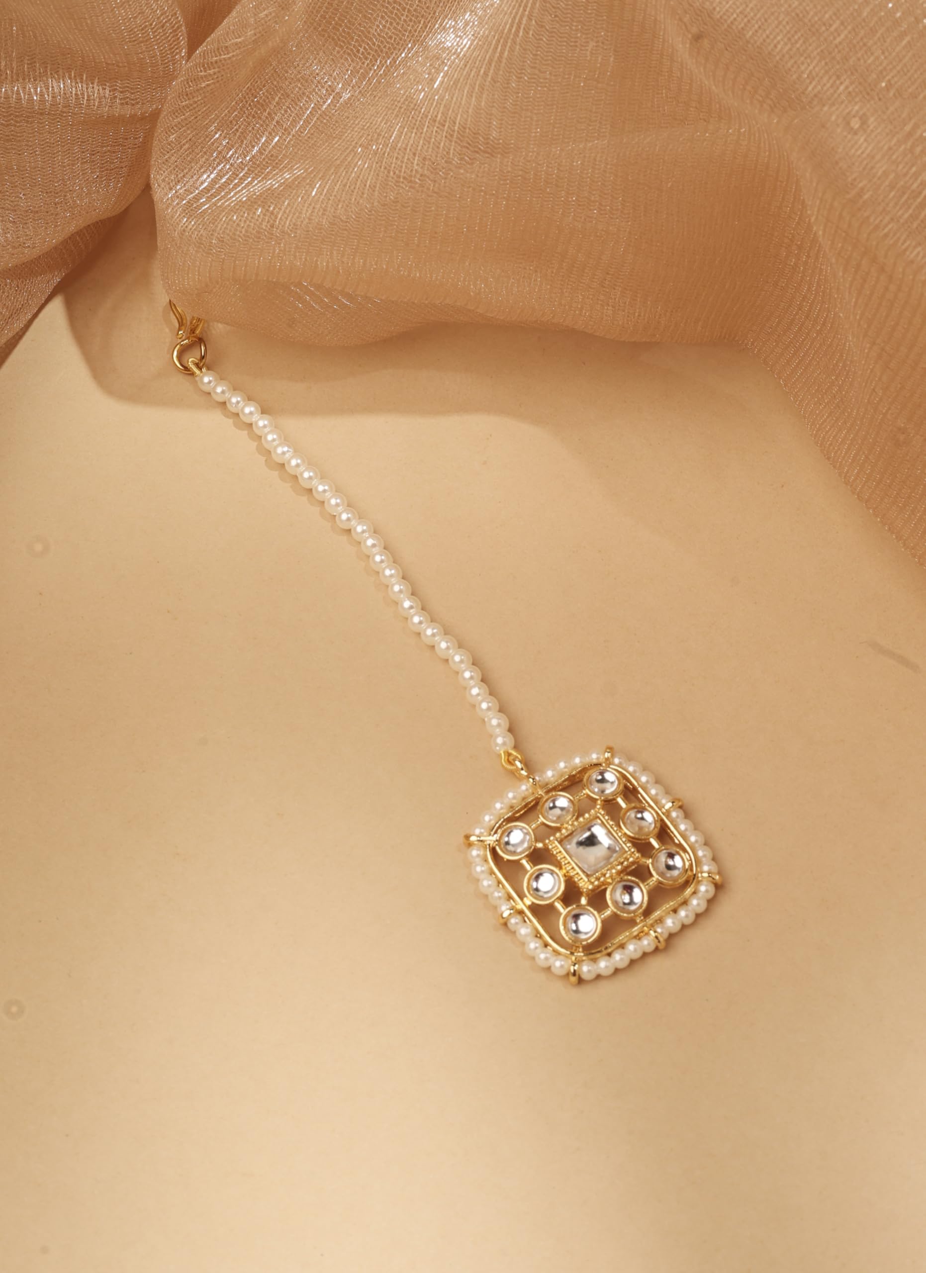 Saloni Fashion Jewellery Flowing Sqaure and Pearl White Kundan Stone Gold Plated Choker Necklace With Maang Tikka For Women and Girls