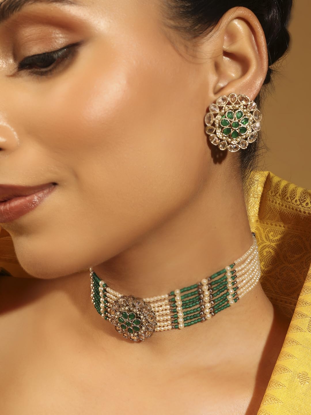 Saloni Fashion Jewellery Delightful Pearl Round and Flower Shape Silver Plated Collar Necklace Set For Women and Girls