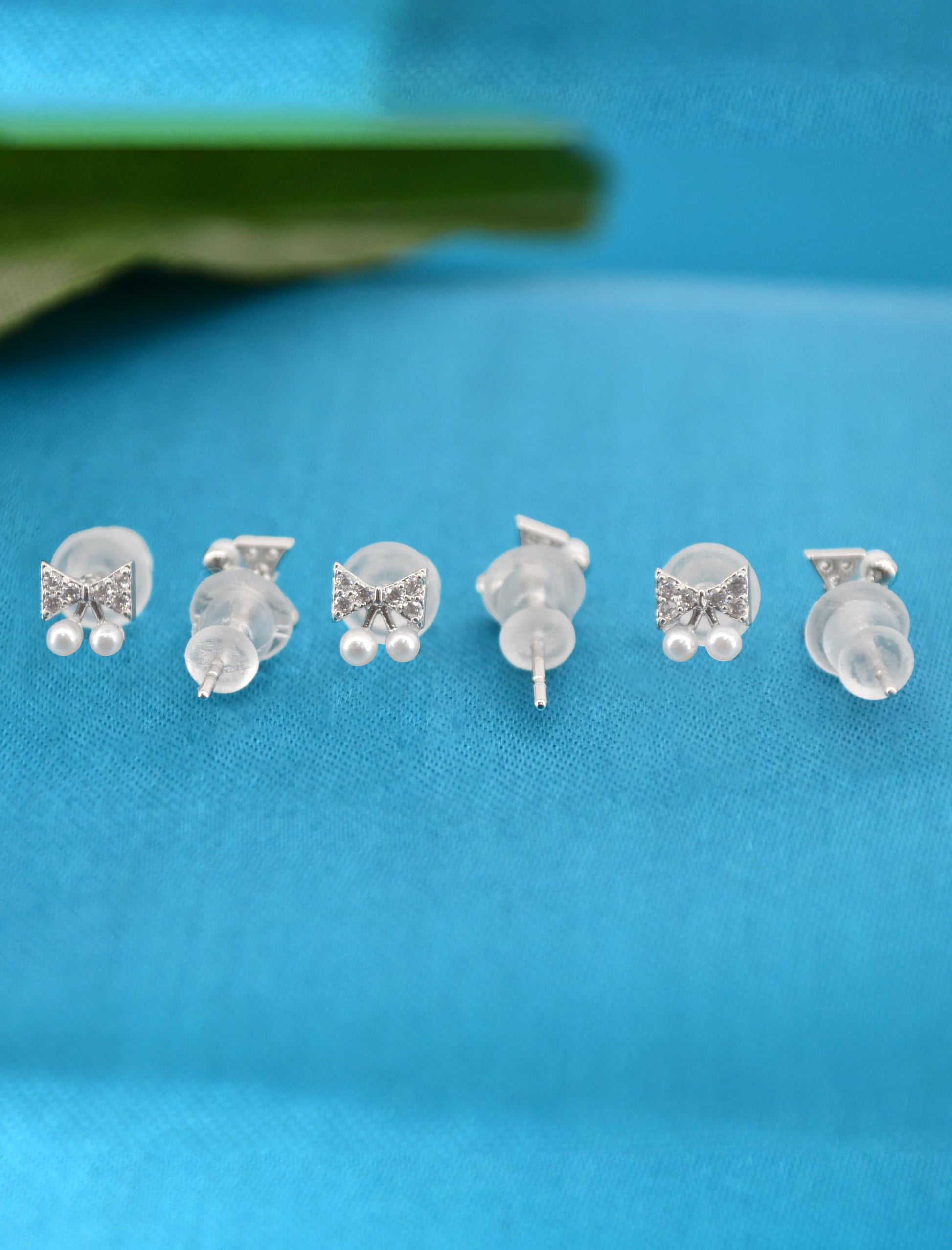 Saloni Fashion Jewellery Splendid Butterfly Shape Pearl Brass Silver Plated Set of 3 Combo Stud Earring For Women and Girls