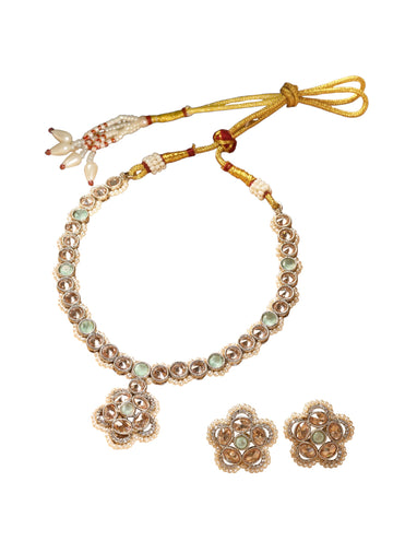Saloni Fashion Jewellery Royal Round and Circle Shape Sky Blue Kundan Stone Antique Gold Plated Choker Necklace Set For Women and Girls
