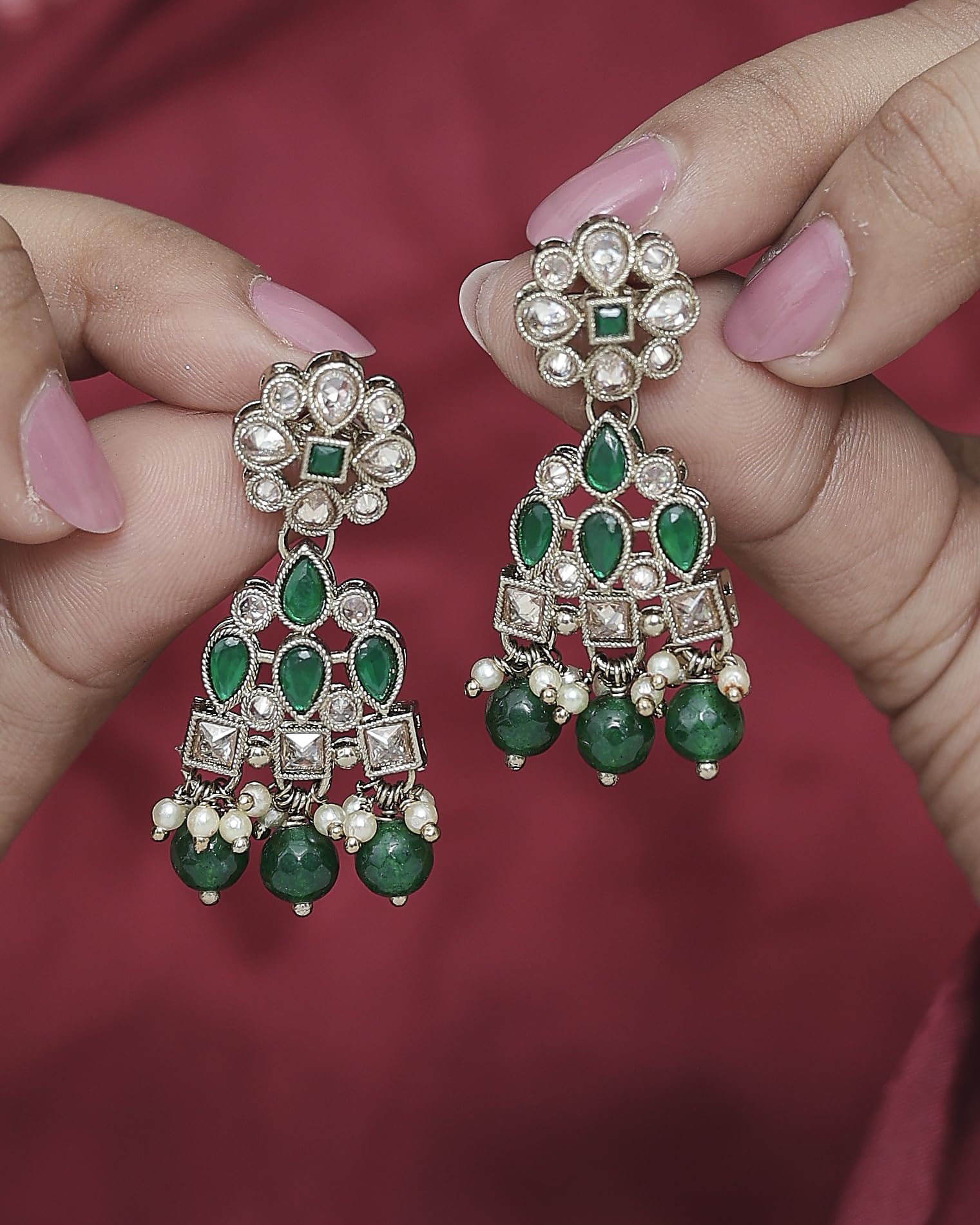 Saloni Fashion Jewellery Attractive Pear and Round Shape Gold Plated Green Kundan Stone Dangle Earring For Women and Girls