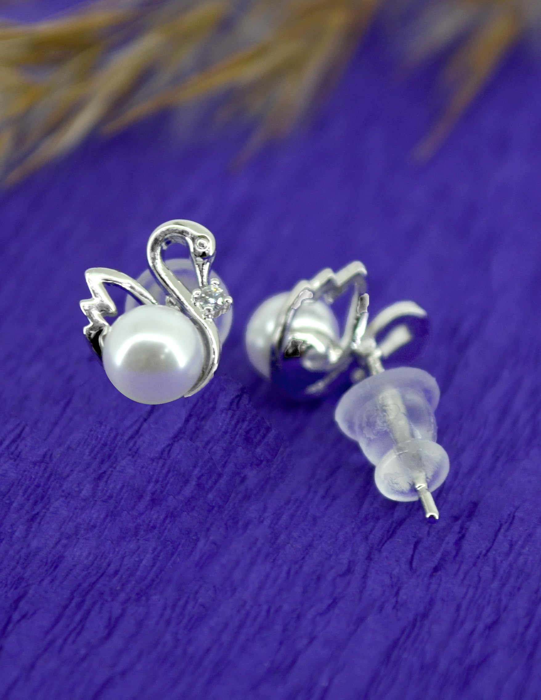 Saloni Fashion Jewellery Pleasing Duck Bird Design Pearl CZ Kundan Brass Silver Plated Set of 3 Combo Stud Earring For Women and Girls