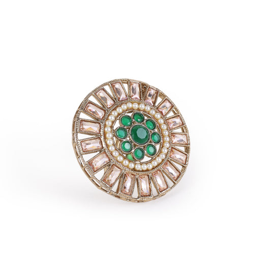 Saloni Fashion Jewellery Round Design Green and Grey Stone Gold Plated Brass Adjustable Finger Ring For Women
