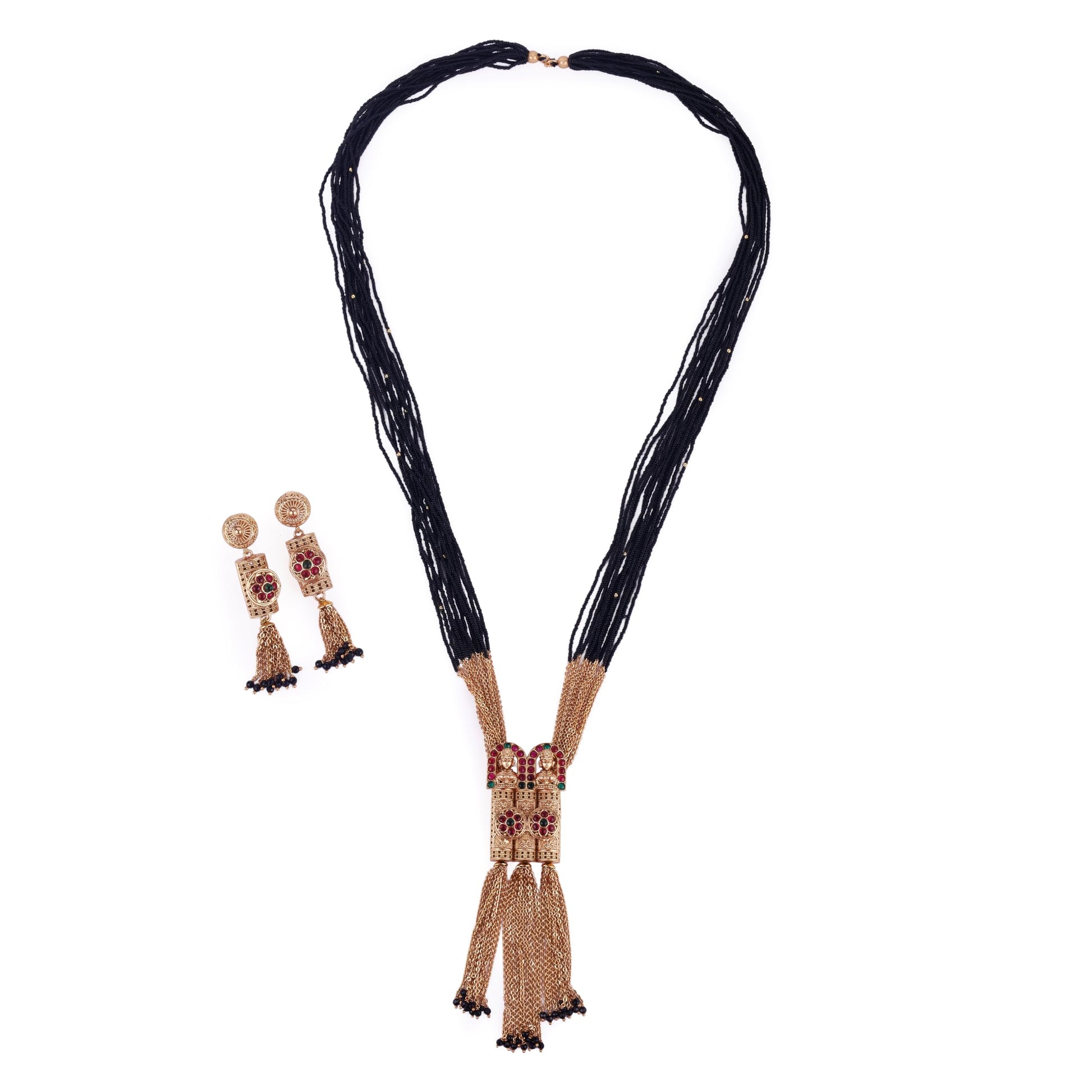 Saloni Fashion Jewellery Traditional Temple and Flower Design Black Bead Gold Plated Long Bead Chain Mangalsutra Set For Women