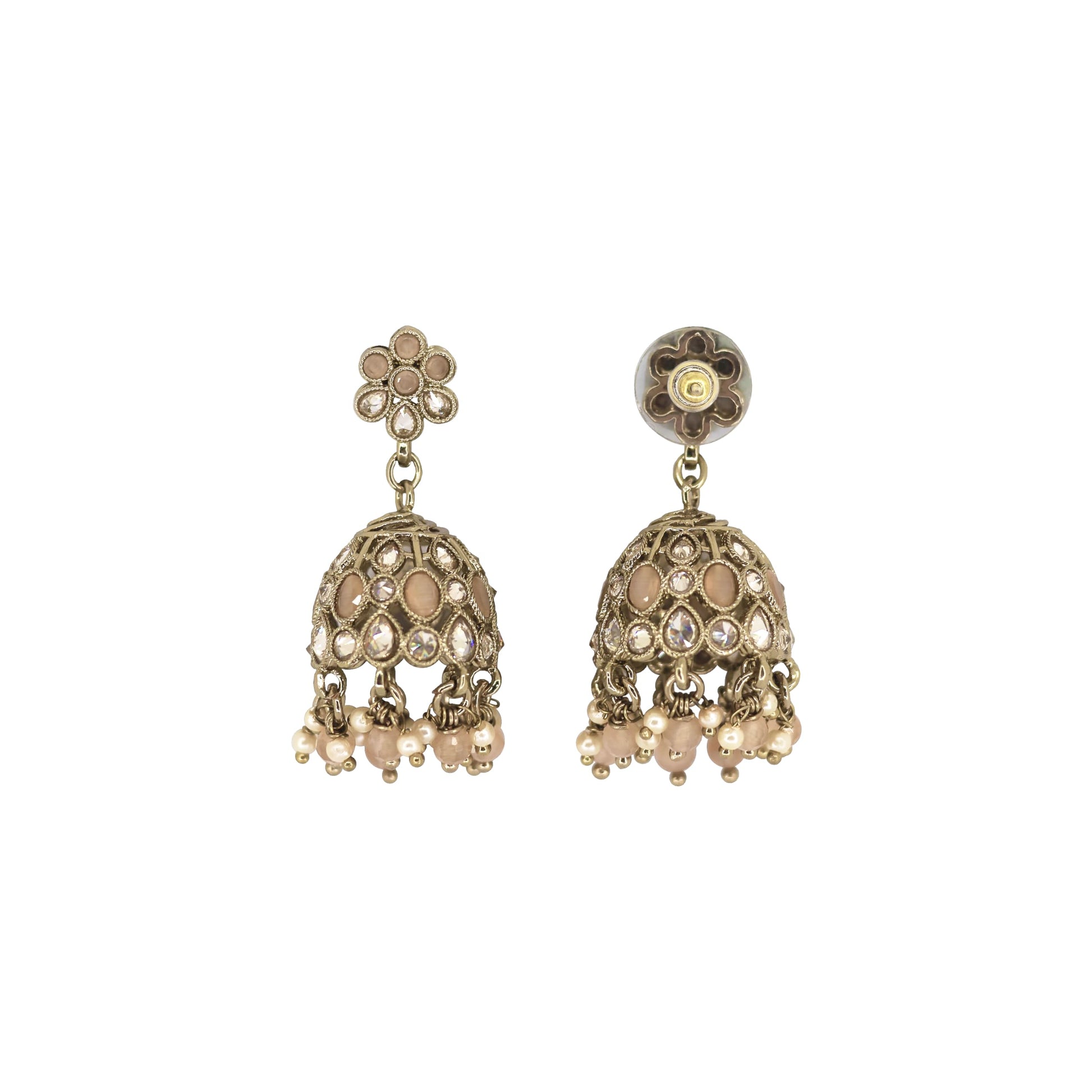 Saloni Fashion Jewellery Pretty Flower Shape Peach Uncut Kundan Stone Antique Gold Plated Jhumki Earring For Women and Girls