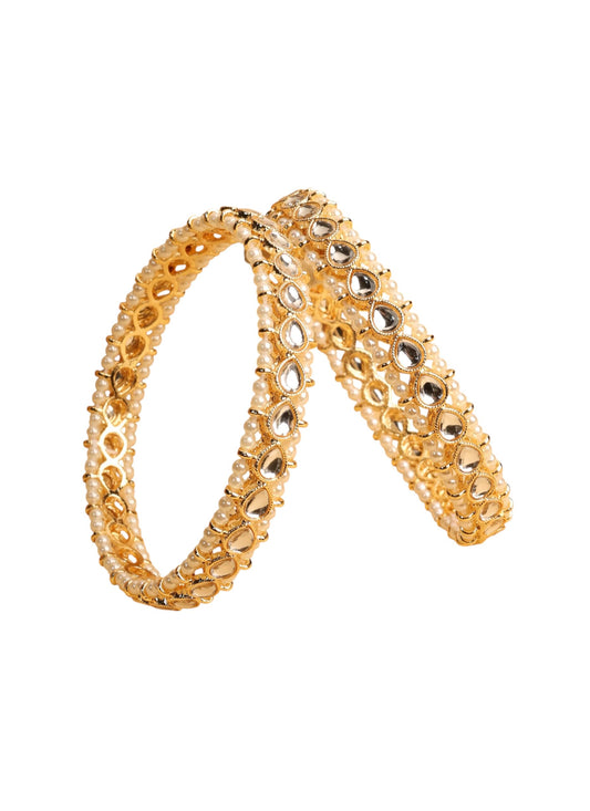Saloni Fashion Jewellery Traditional Oval Shape Pearl White Kundan Stone Gold Plated Set of 2 Bangle Set For Women and Girls