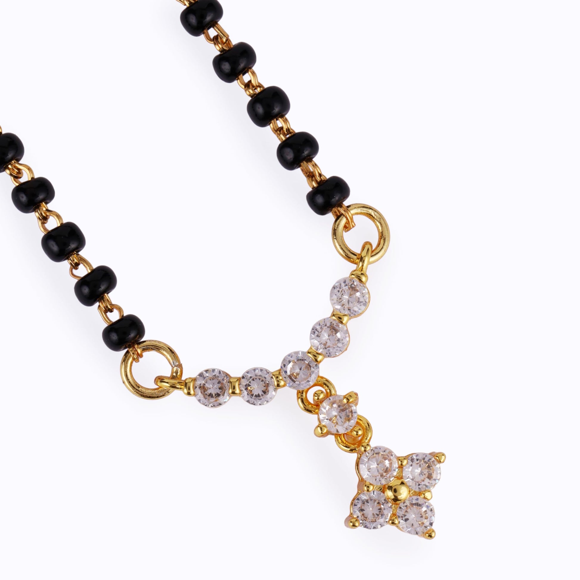 Saloni Fashion Jewellery Traditional Lovely CZ Studded Flower Design Gold Plated Black Beaded Adjustable Chain Mangalsutra For Women