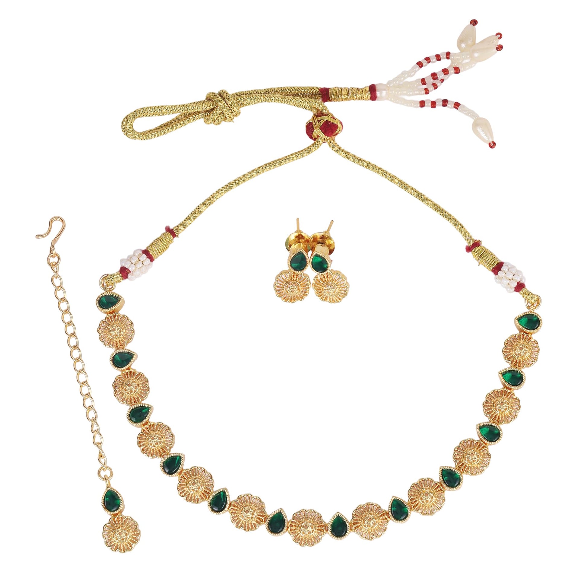 Saloni Fashion Jewellery Flowing Round and Oval Shape Kundan Brass Gold Plated Choker Necklace Set With Maangtikka For Women and Girls