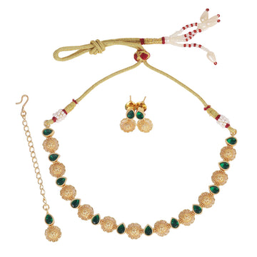 Saloni Fashion Jewellery Flowing Round and Oval Shape Kundan Brass Gold Plated Choker Necklace Set With Maangtikka For Women and Girls