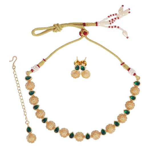 Saloni Fashion Jewellery Flowing Round and Oval Shape Kundan Brass Gold Plated Choker Necklace Set With Maangtikka For Women and Girls