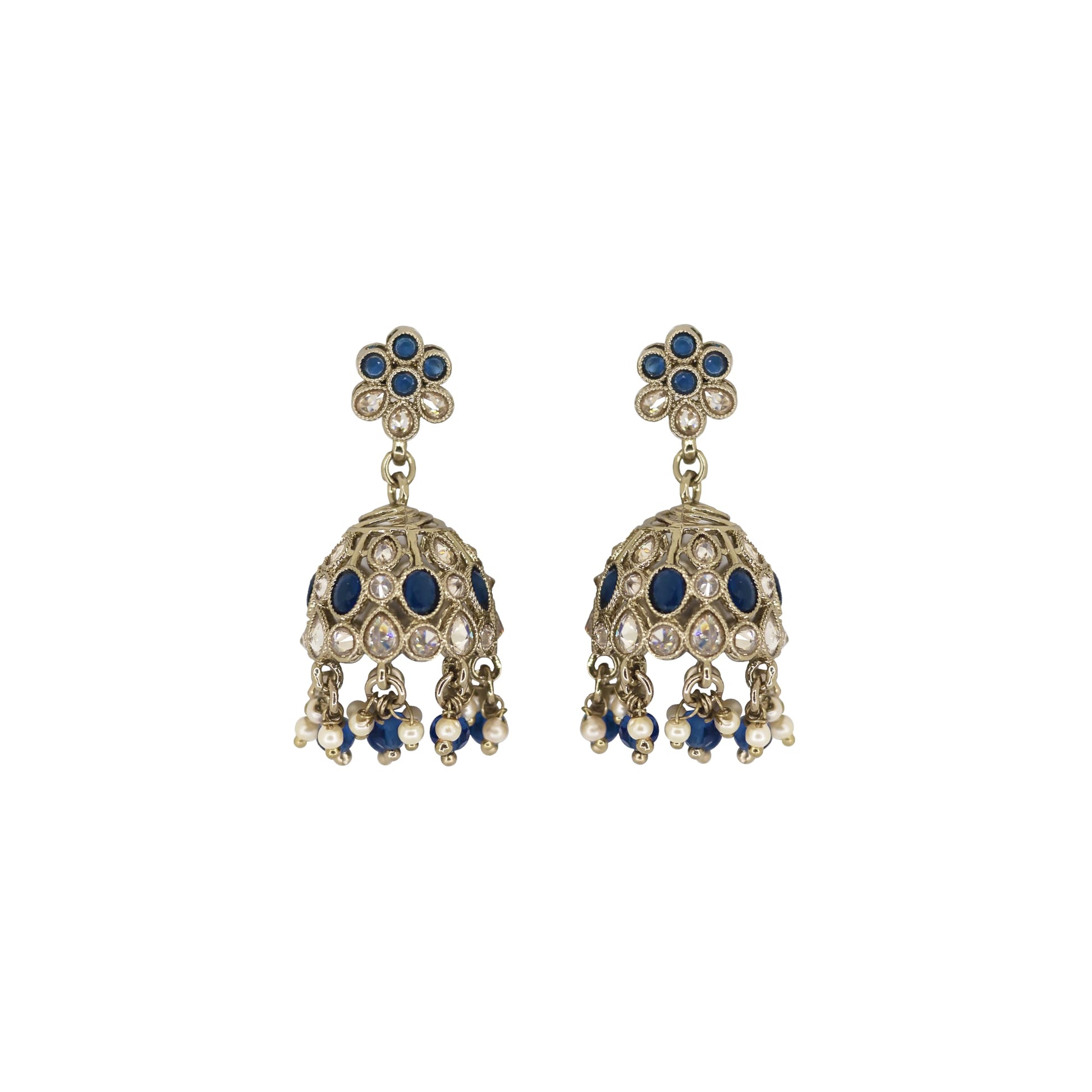 Saloni Fashion Jewellery Pleasant Flower Shape Blue Uncut Kundan Stone Antique Gold Plated Jhumki Earring For Women and Girls