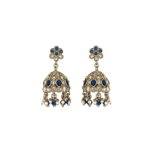 Saloni Fashion Jewellery Pleasant Flower Shape Blue Uncut Kundan Stone Antique Gold Plated Jhumki Earring For Women and Girls