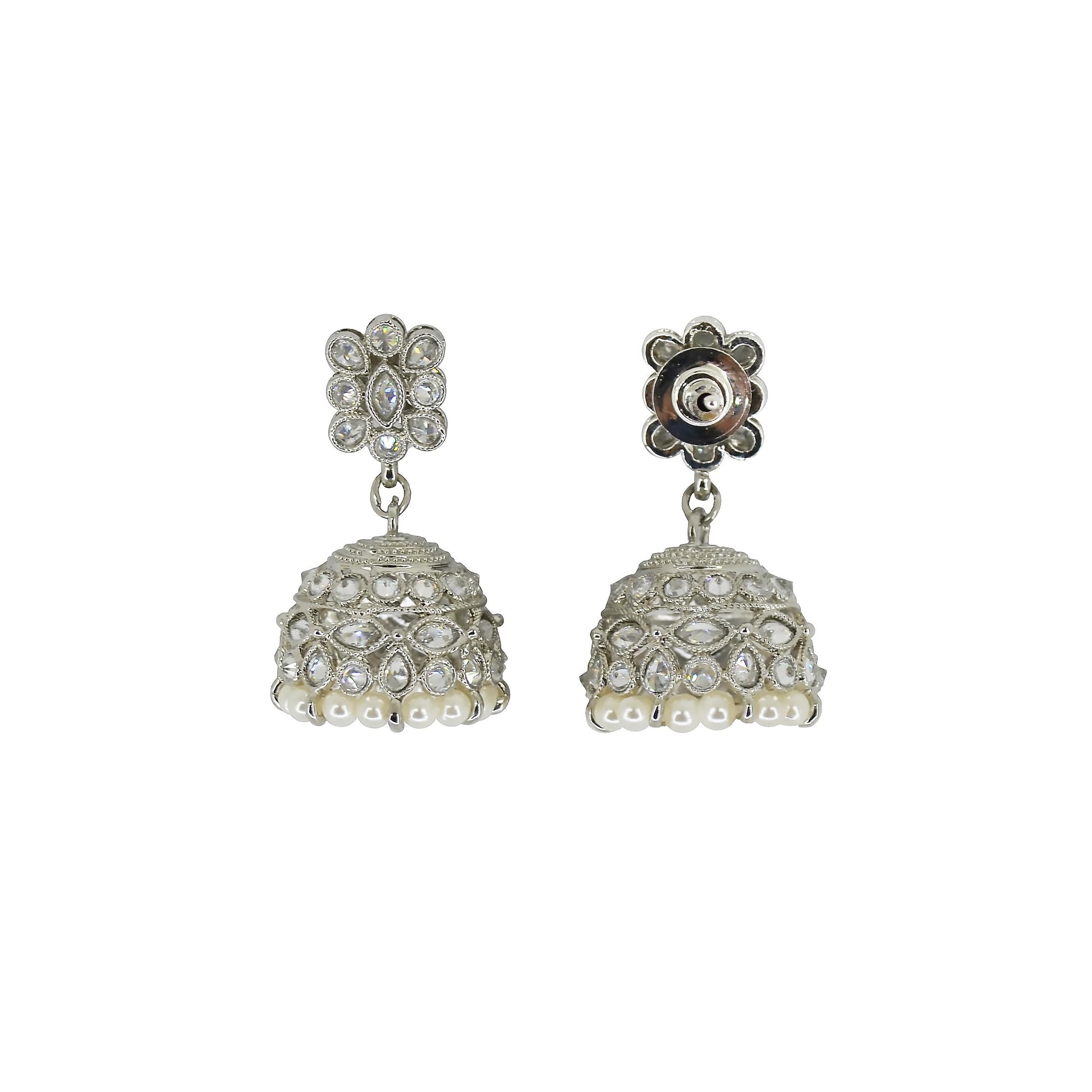 Saloni Fashion Jewellery Classy Pear and Flower Shape White Uncut Kundan Stone Silver Plated Jhumki Earring For Women and Girls