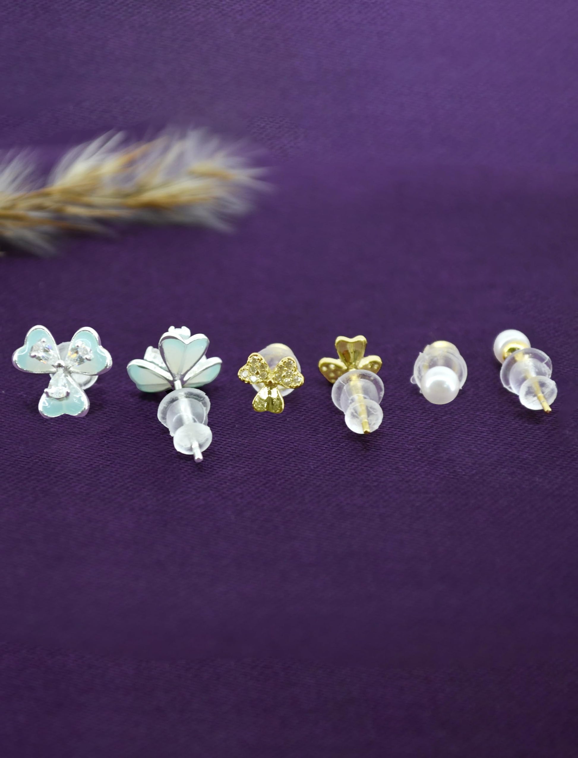 Saloni Fashion Jewellery Pleasing Flower Shape Pearl Brass Silver and Gold Plated Set of 3 Combo Stud Earring For Women and Girls