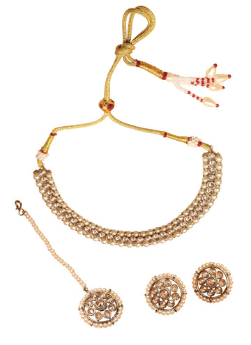 Saloni Fashion Jewellery Lavish Flower and Round Shape Brown Kundan Pearl Antique Gold Plated Choker Necklace With Maang Tikka For Women and Girls