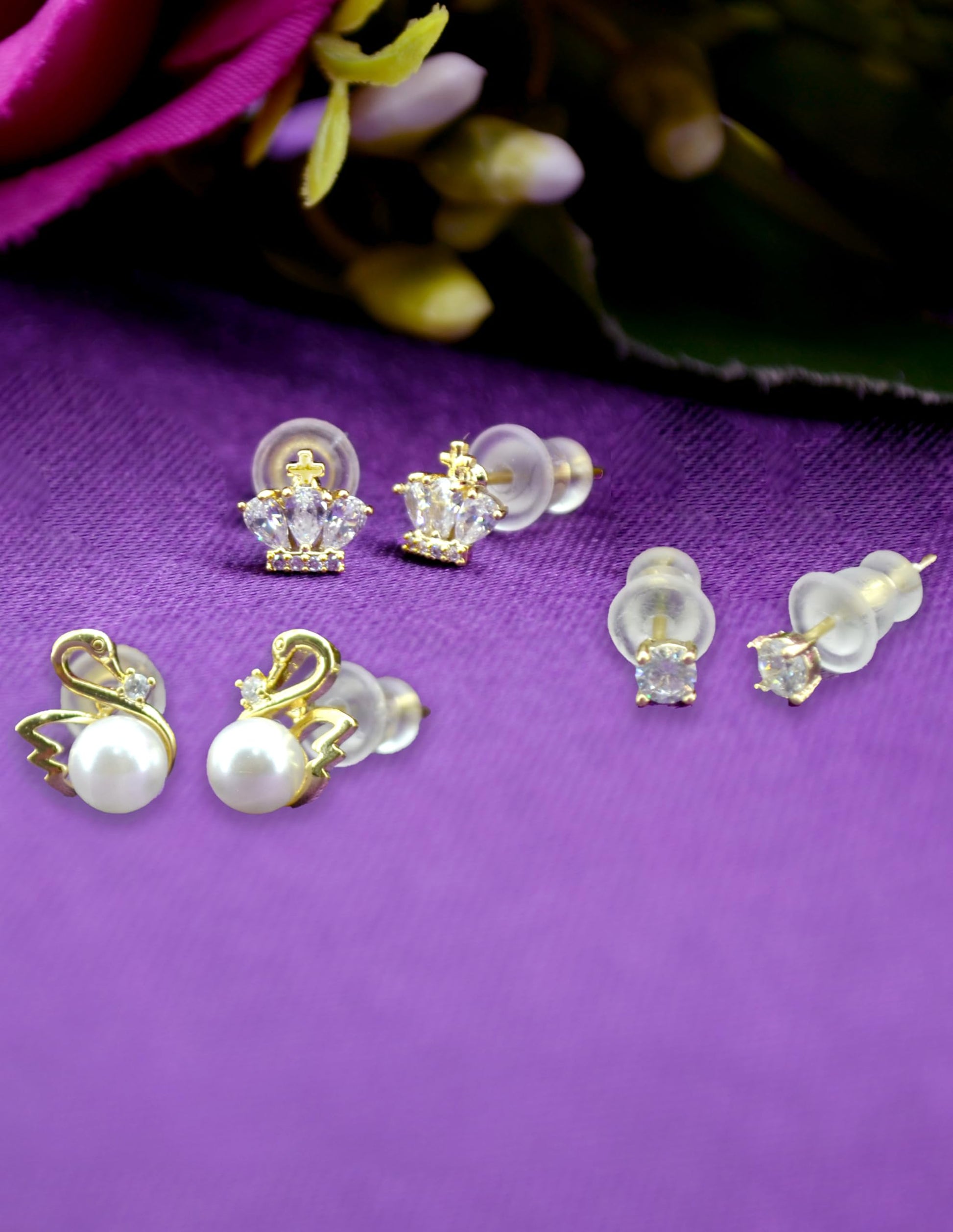 Saloni Fashion Jewellery Modern Duck Bird Design Pearl CZ Kundan Brass Gold Plated Set of 3 Combo Stud Earring For Women and Girls
