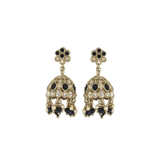Saloni Fashion Jewellery Modish Flower Shape Black Uncut Kundan Stone Antique Gold Plated Jhumki Earring For Women and Girls