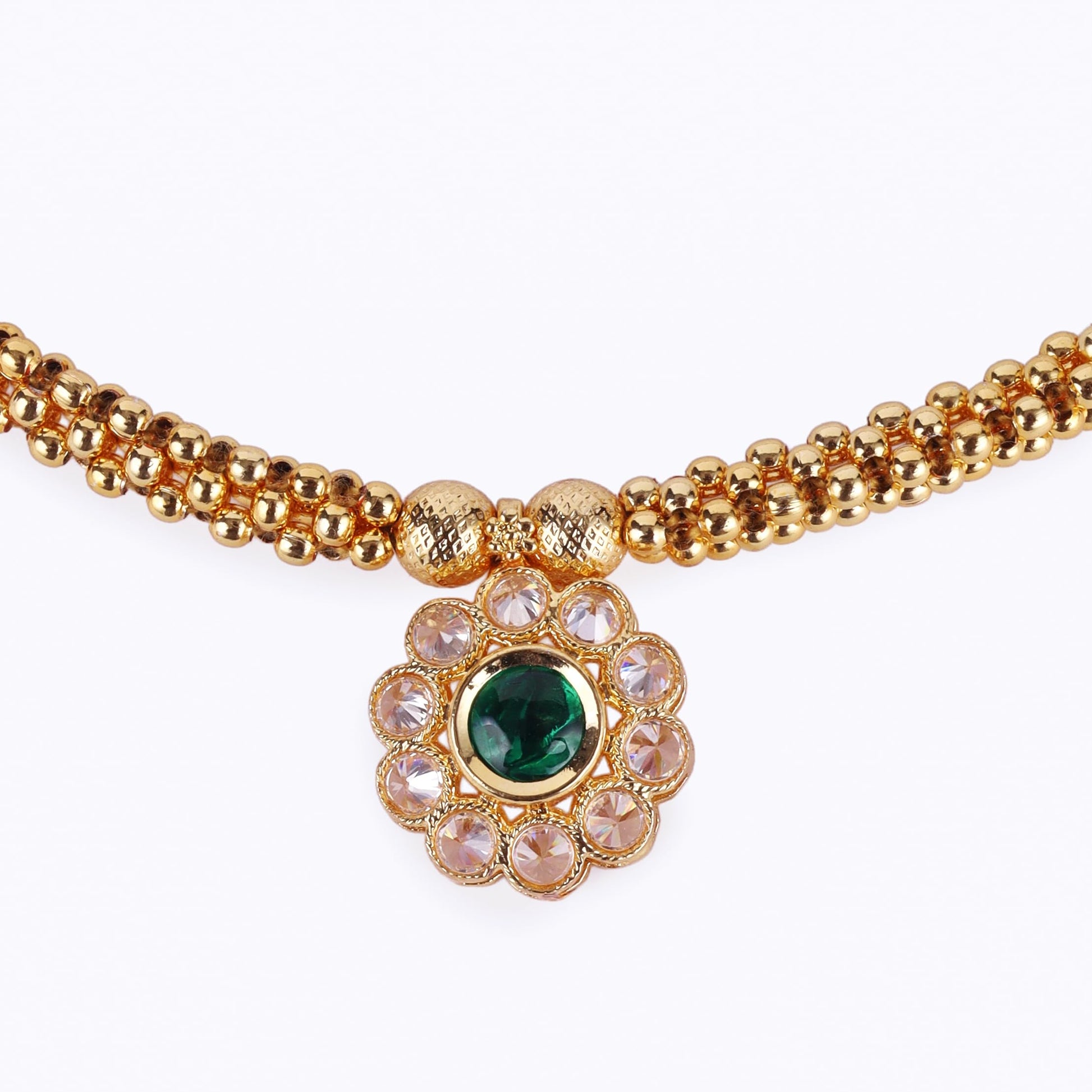 Saloni Fashion Jewellery Traditional Round Shape Golden Balls Green Stone Gold Plated Choker Necklace Set For Women