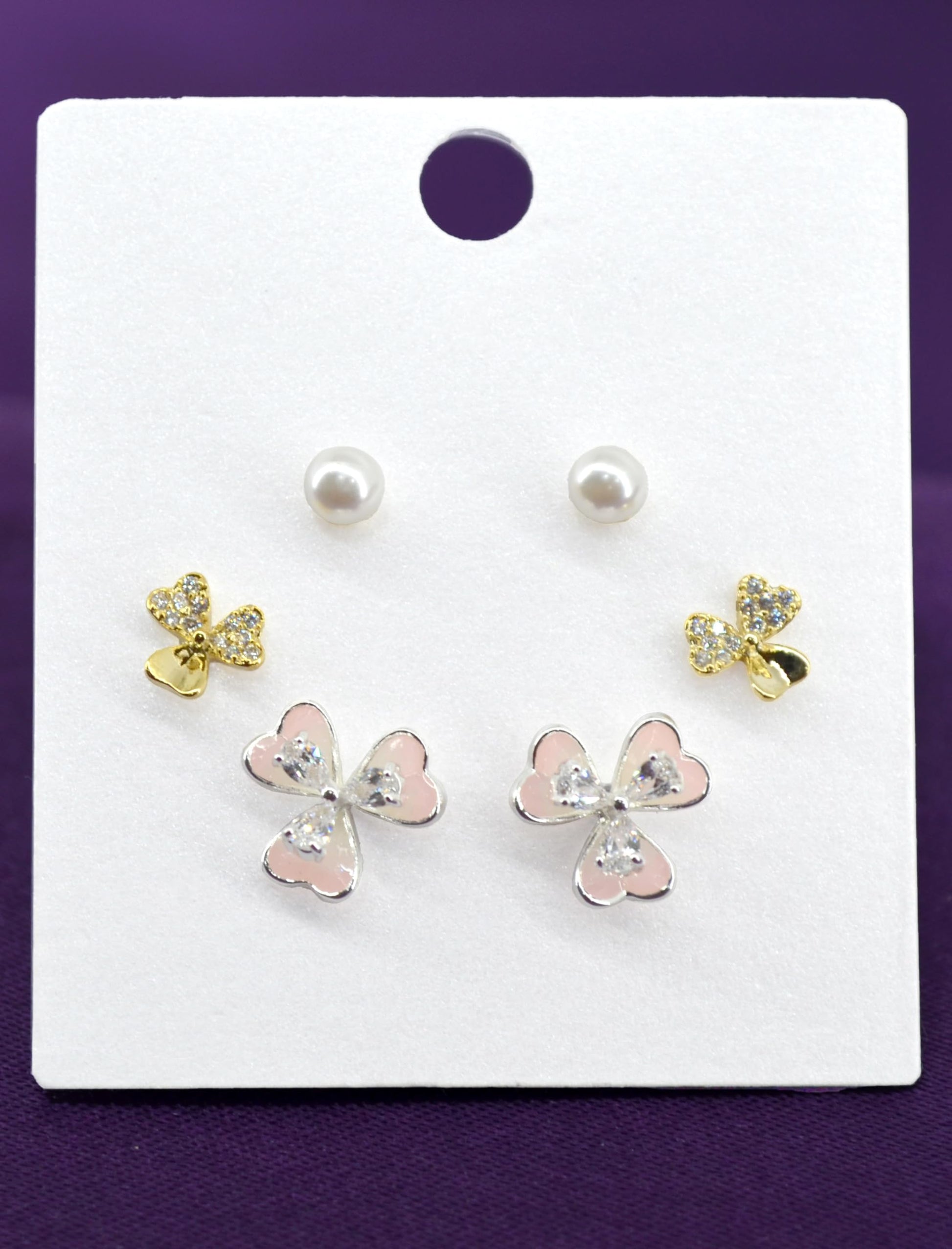 Saloni Fashion Jewellery Pleasant Flower Shape Pearl Brass Silver Plated Set of 3 Combo Stud Earring For Women and Girls