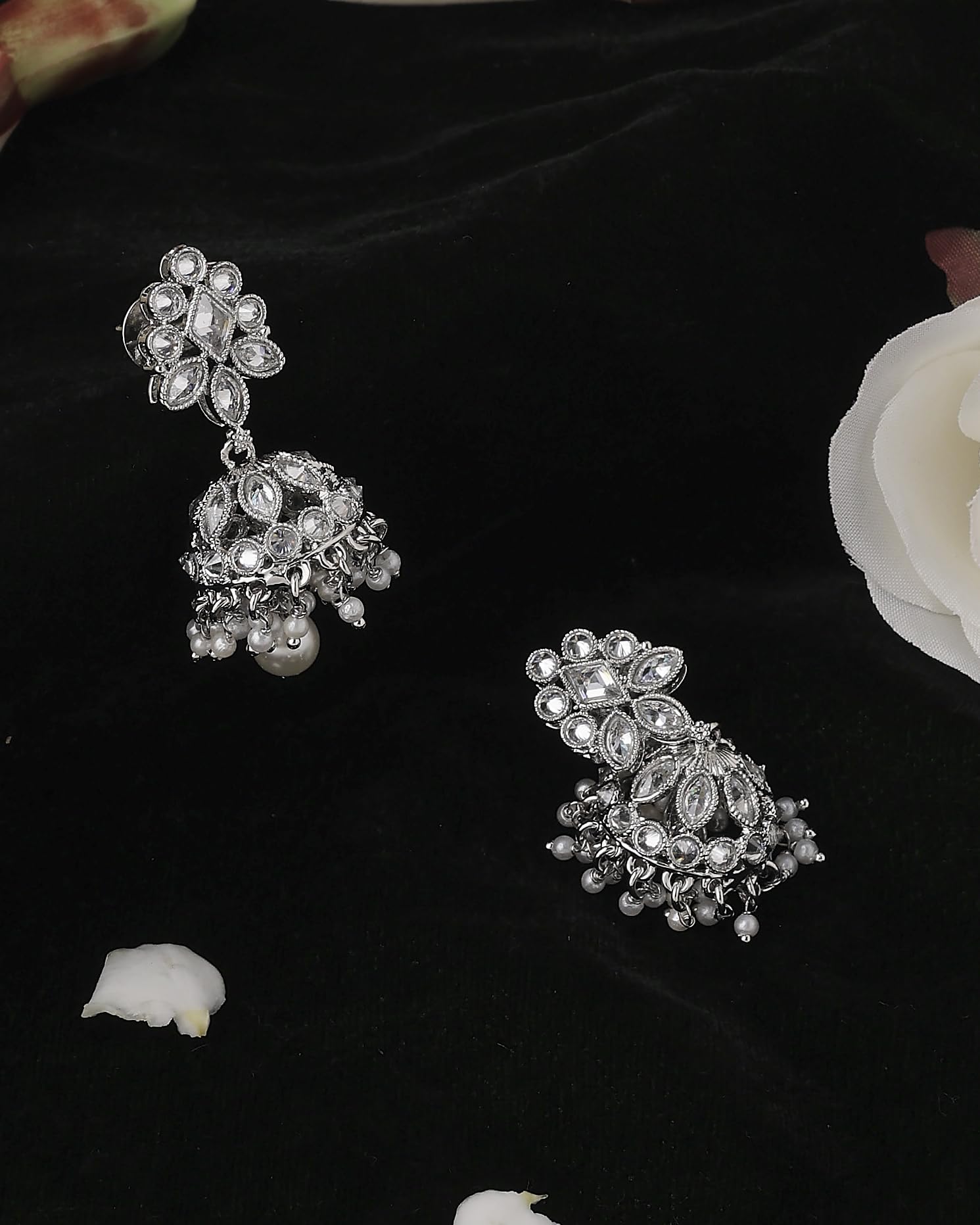 Saloni Fashion Jewellery Flowing Round and Pear Shape Silver Plated White Kundan Stone Brass Jhumki Earring For Women and Girls