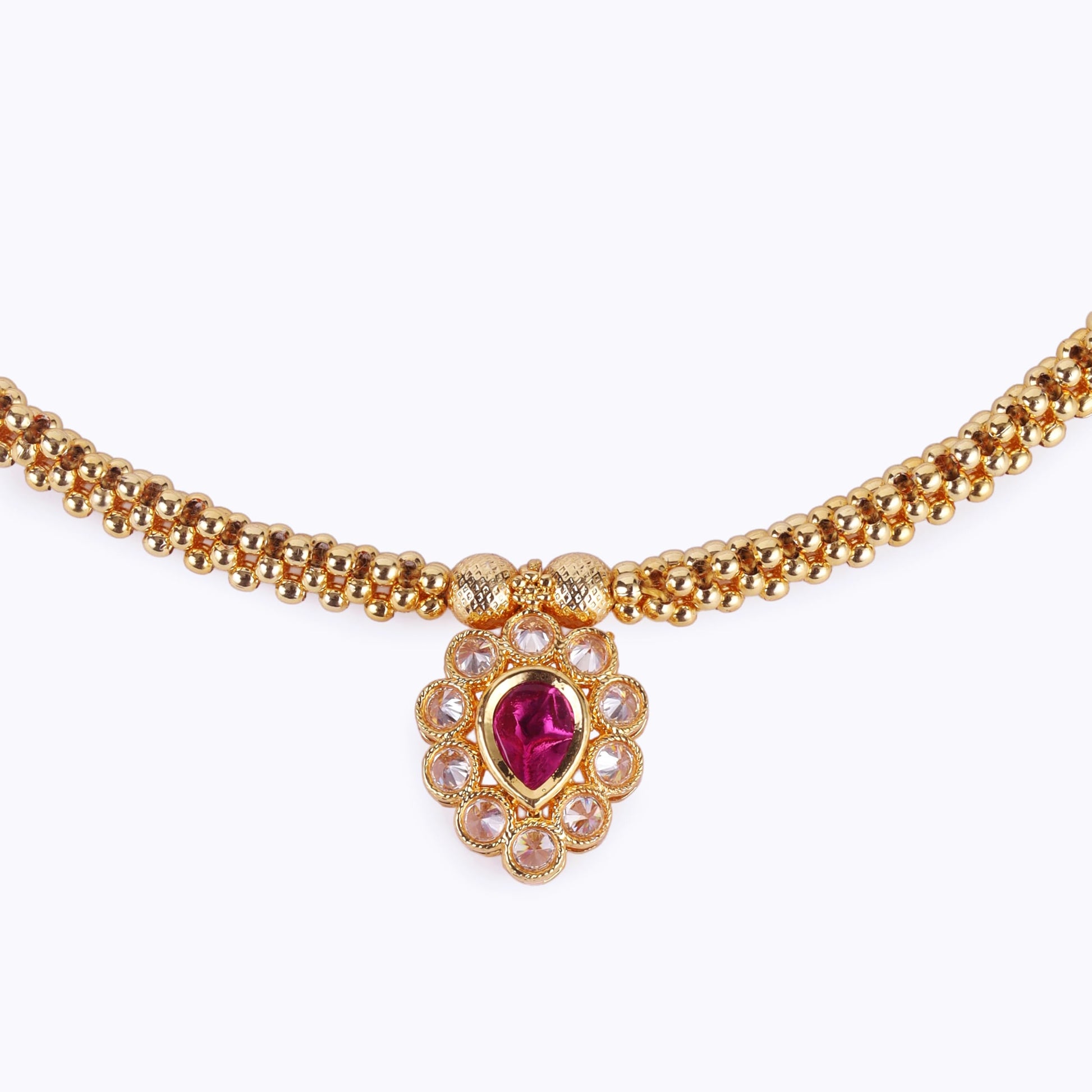 Saloni Fashion Jewellery Traditional Oval Shape Golden Balls Pink Stone Gold Plated Choker Necklace Set For Women