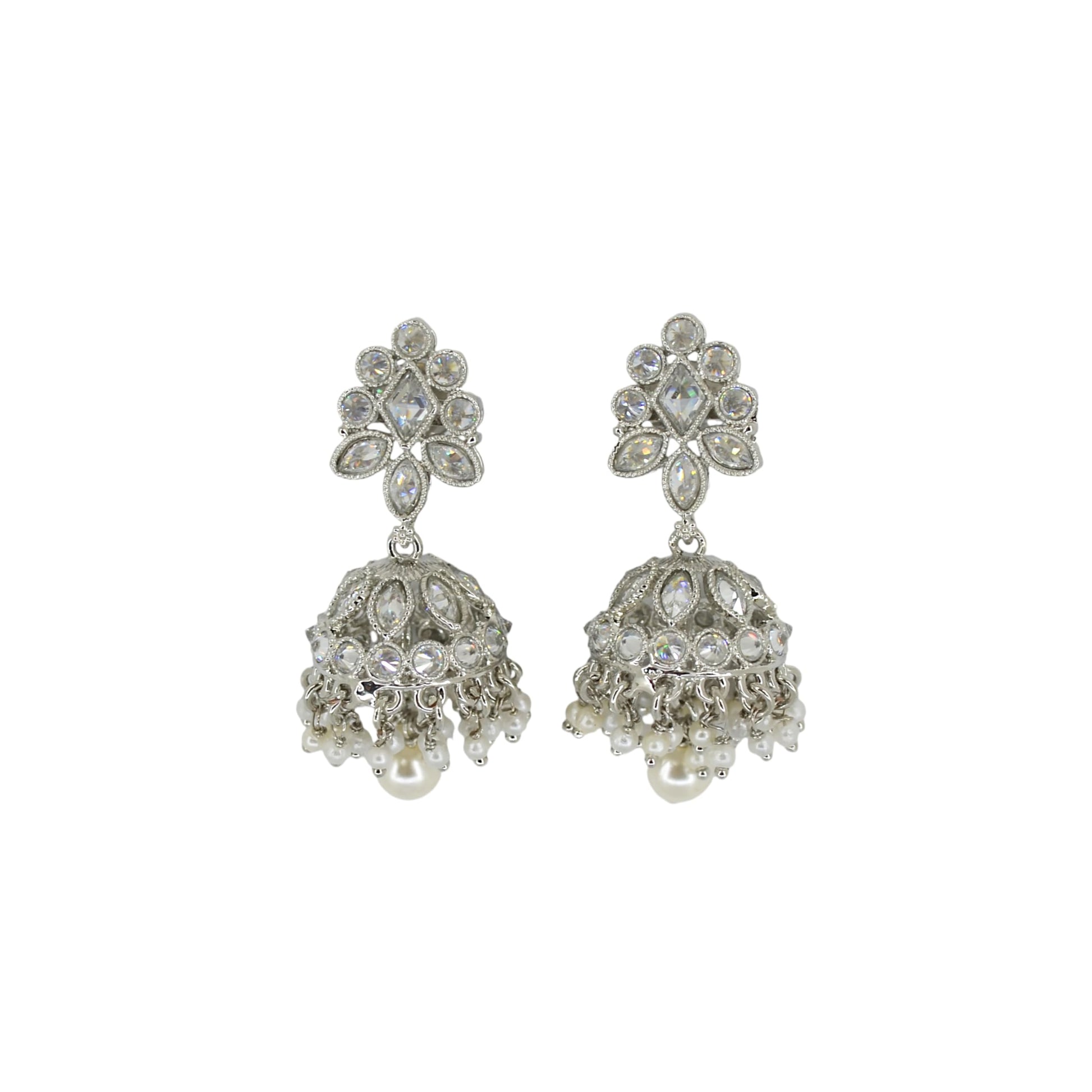 Saloni Fashion Jewellery Flowing Round and Pear Shape Silver Plated White Kundan Stone Brass Jhumki Earring For Women and Girls
