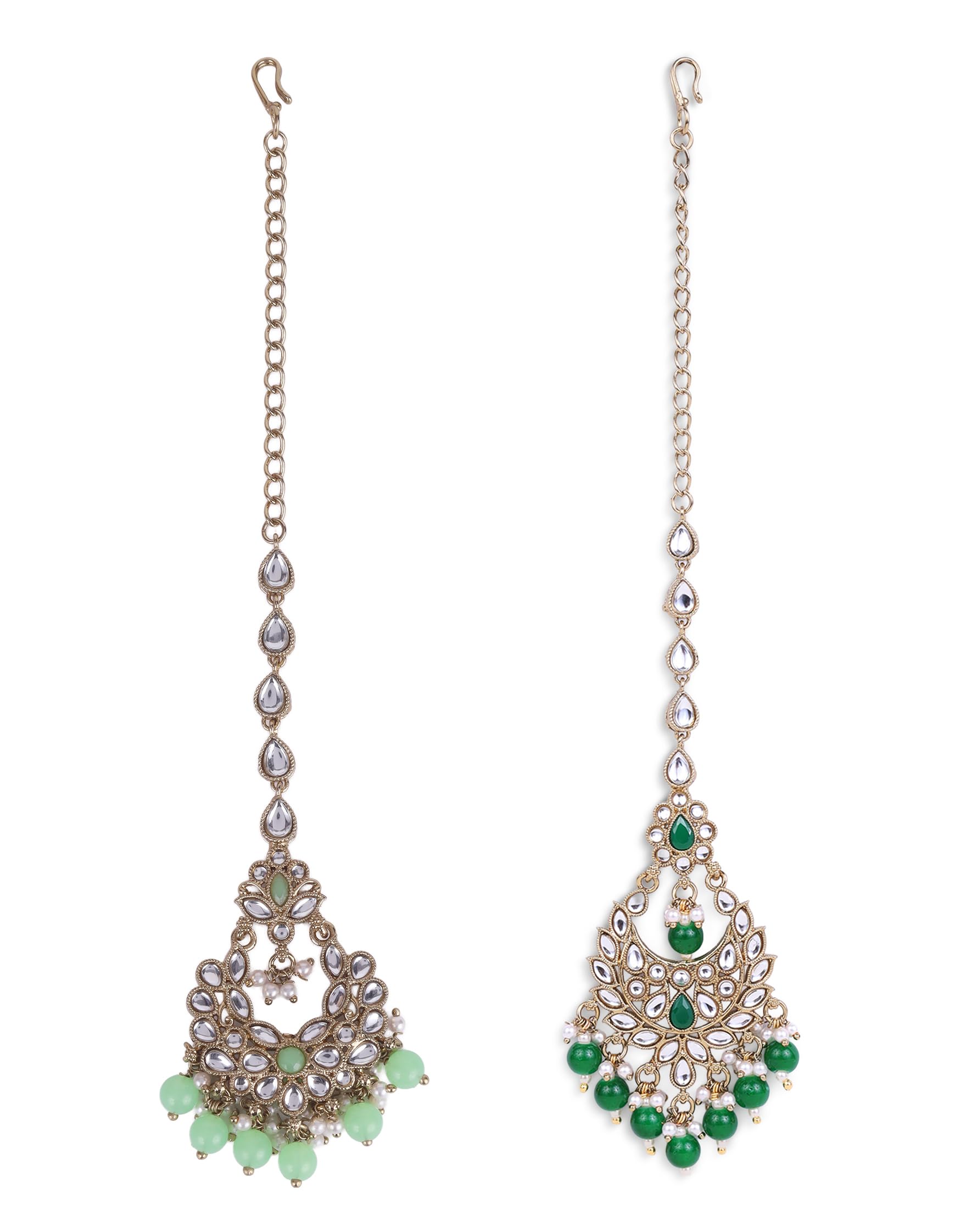 Saloni Fashion Jewellery Traditional Chandiler and Flower Shape Silver Gold Plated Brass Set of 2 Combo Maang Tikka For Women