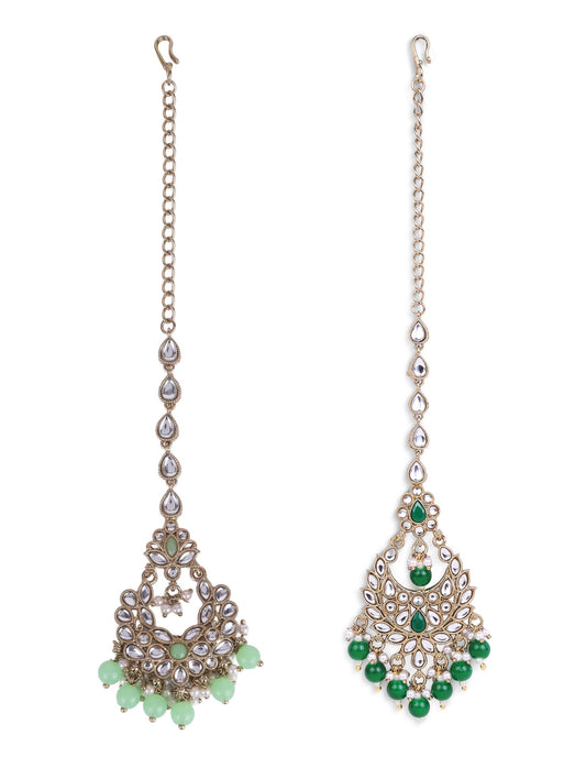 Saloni Fashion Jewellery Traditional Chandiler and Flower Shape Silver Gold Plated Brass Set of 2 Combo Maang Tikka For Women