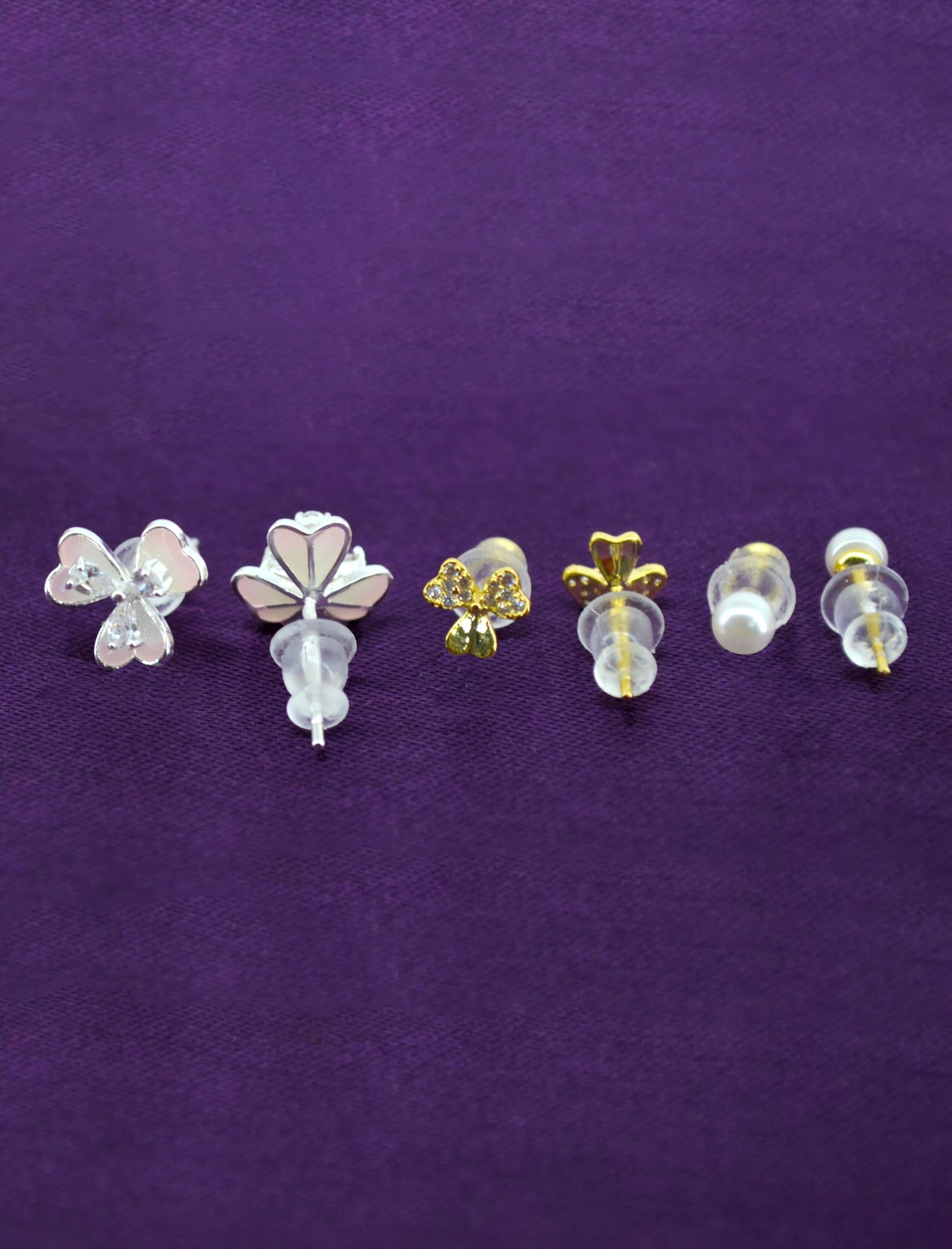 Saloni Fashion Jewellery Pleasant Flower Shape Pearl Brass Silver Plated Set of 3 Combo Stud Earring For Women and Girls