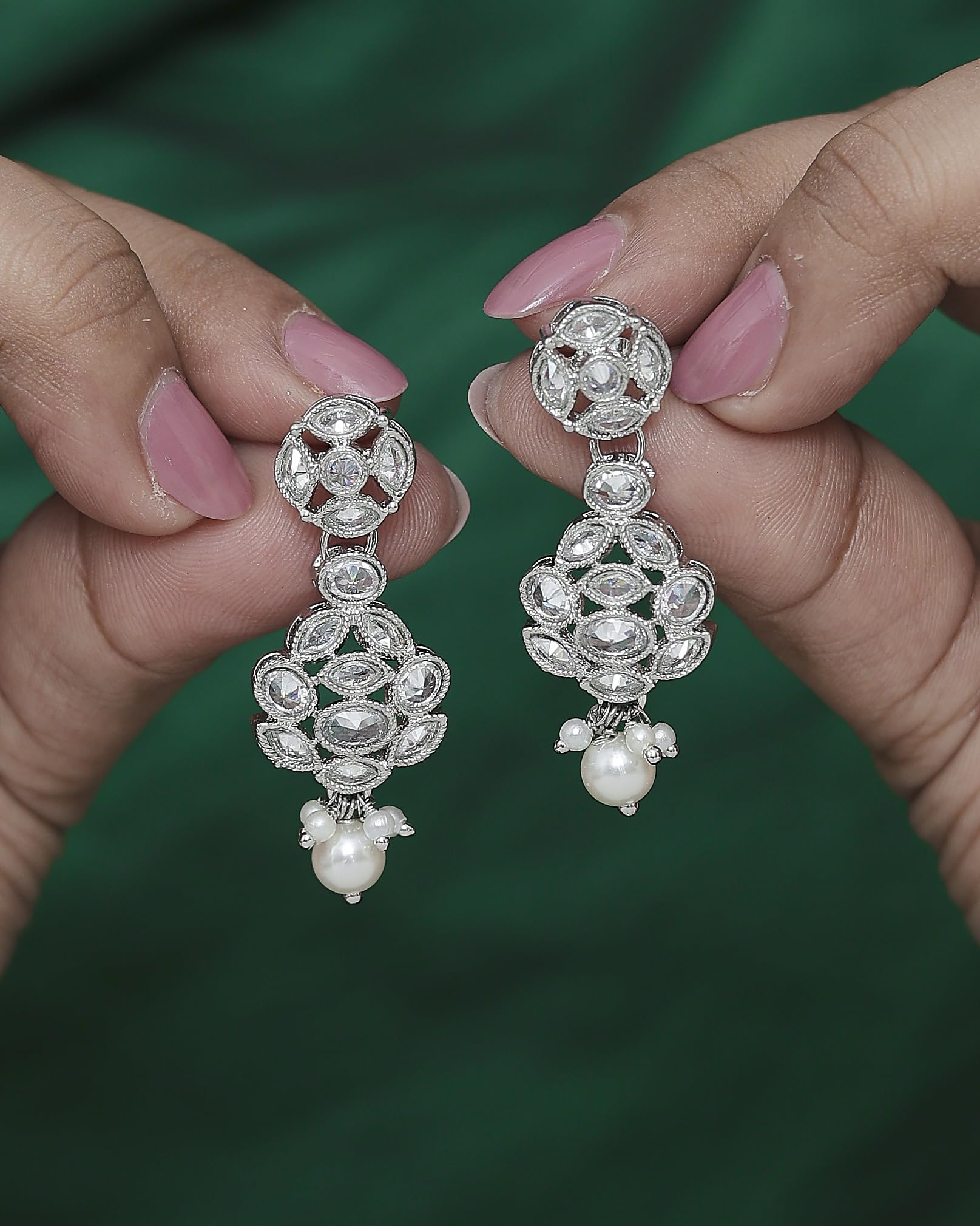 Saloni Fashion Jewellery Lavish Round Shape Silver Plated White Pearl Kundan Stone Dangle Earring For Women and Girls