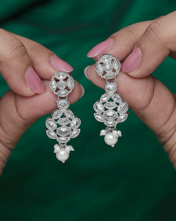 Saloni Fashion Jewellery Lavish Round Shape Silver Plated White Pearl Kundan Stone Dangle Earring For Women and Girls