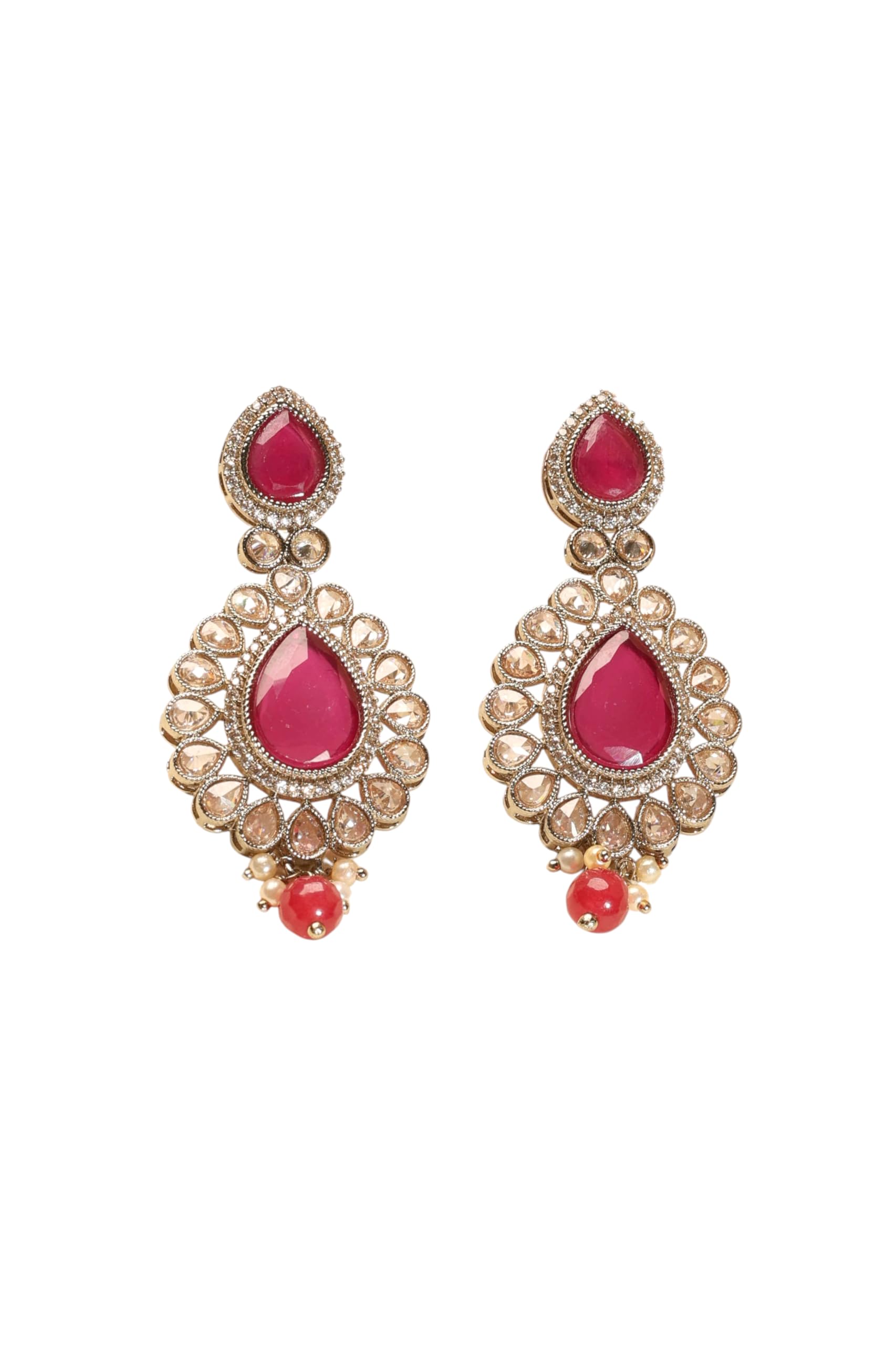 Saloni Fashion Jewellery Stylish Round and Oval Shape Red Kundan Stone Antique Gold Plated Brass Dangle Earring For Women and Girls