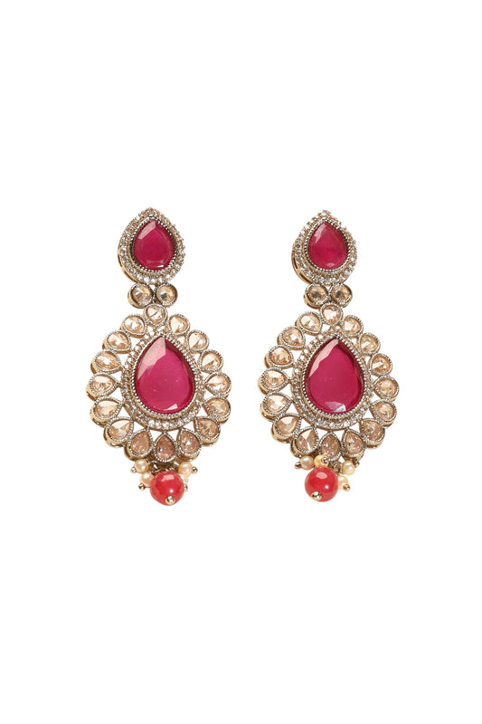 Saloni Fashion Jewellery Stylish Round and Oval Shape Red Kundan Stone Antique Gold Plated Brass Dangle Earring For Women and Girls