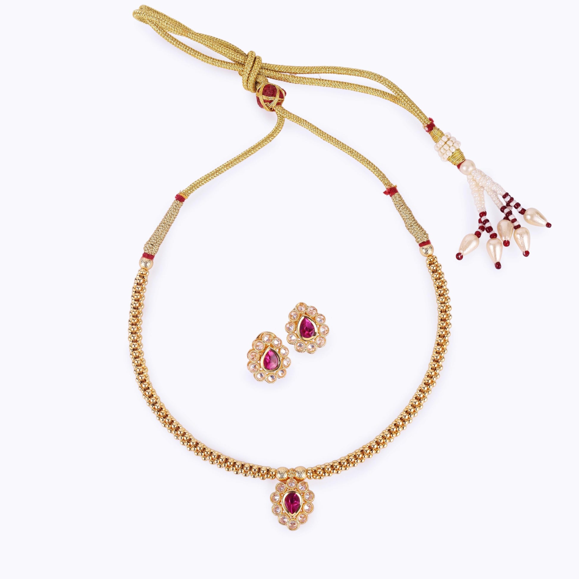 Saloni Fashion Jewellery Traditional Oval Shape Golden Balls Pink Stone Gold Plated Choker Necklace Set For Women