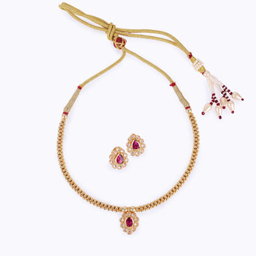 Saloni Fashion Jewellery Traditional Oval Shape Golden Balls Pink Stone Gold Plated Choker Necklace Set For Women