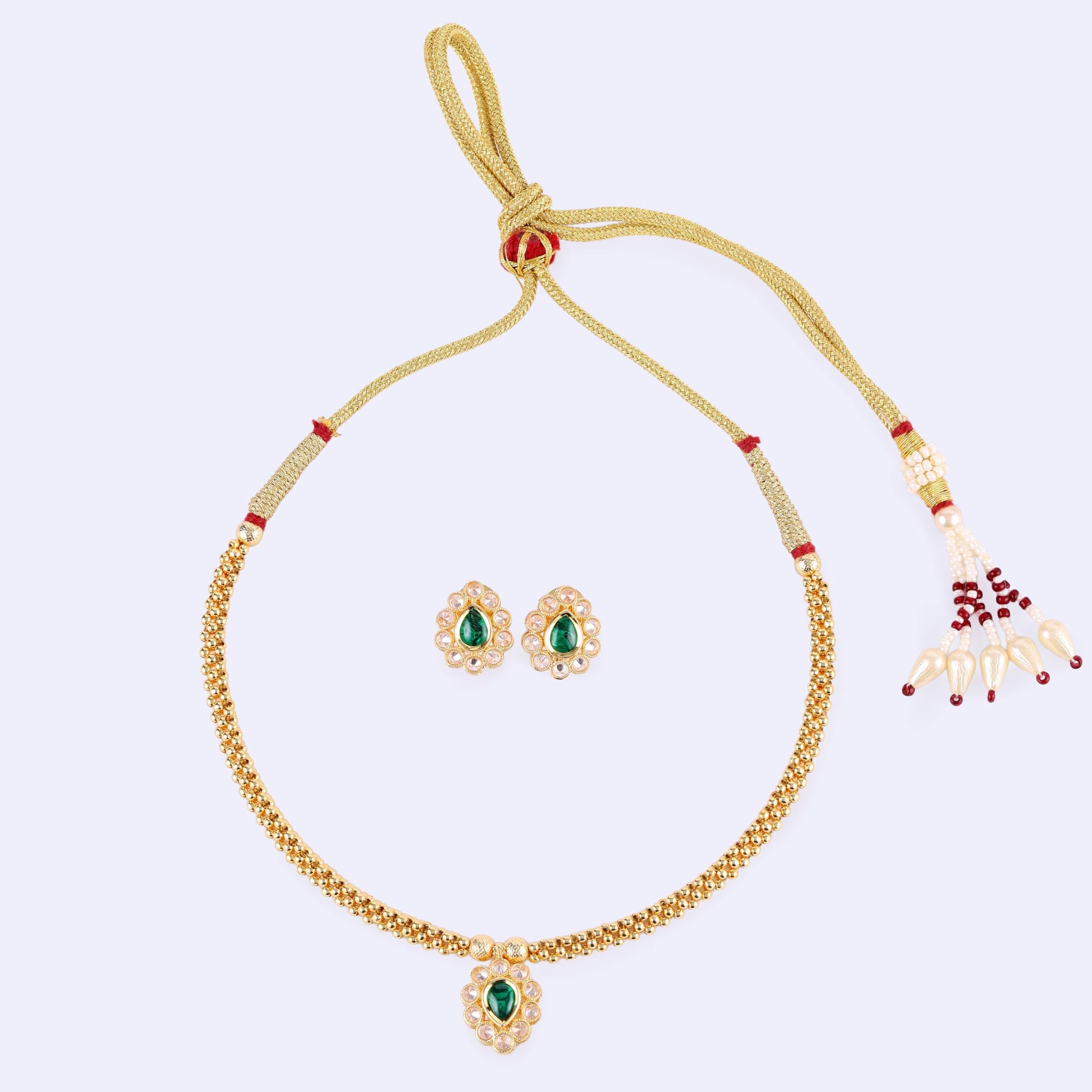 Saloni Fashion Jewellery Traditional Oval Shape Golden Balls Green Stone Gold Plated Choker Necklace Set For Women