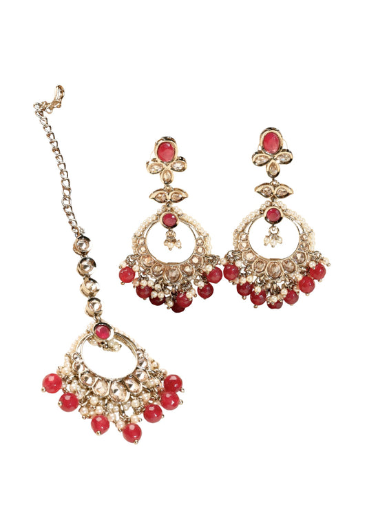 Saloni Fashion Jewellery Incredible Circle and Leaf Shape Red Pearl Brown Kundan Stone Antique Gold Plated Brass Chandelier Earring With Maang Tikka For Women and Girls