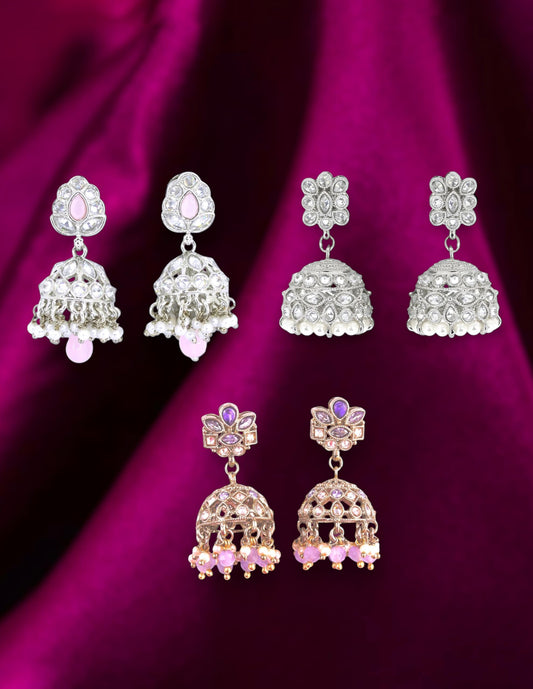 Saloni Fashion Jewellery Graceful Flower Design Kundan Brass Siler and Antique Gold Plated Set of 3 Combo Jhumki Earring For Women and Girls