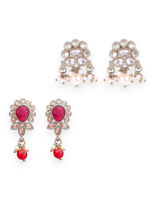 Saloni Fashion Jewellery Eye-Catchy Flower and Oval Shape Kundan Siler and Antique Gold Plated Set of 2 Combo Dangle Earring For Women and Girls