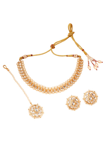Saloni Fashion Jewellery Flowing Sqaure and Pearl White Kundan Stone Gold Plated Choker Necklace With Maang Tikka For Women and Girls