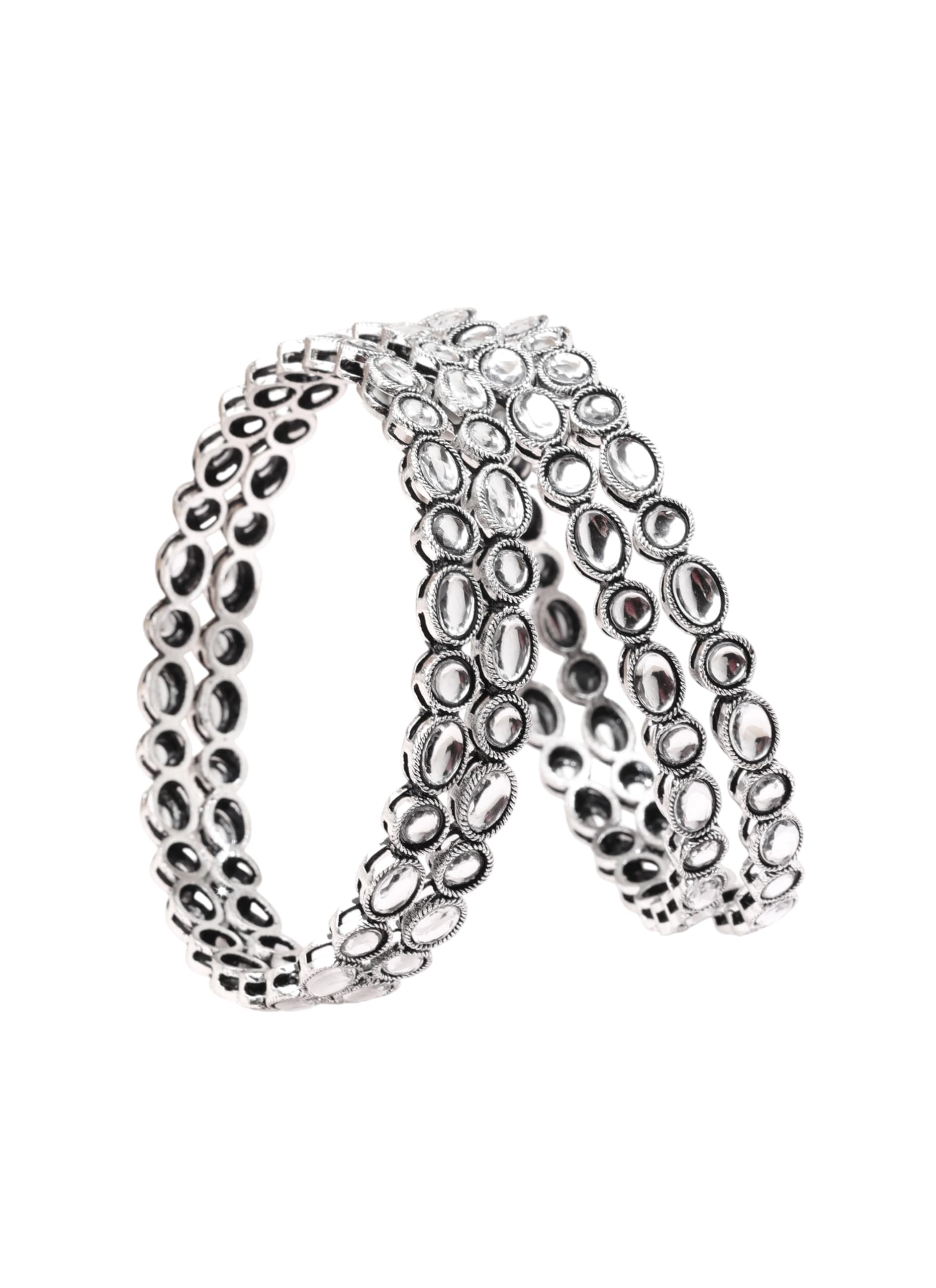 Saloni Fashion Jewellery Trendy Round Shape White Kundan Stone Silver Plated Set Of 4 Bangle Set For Women and Girls