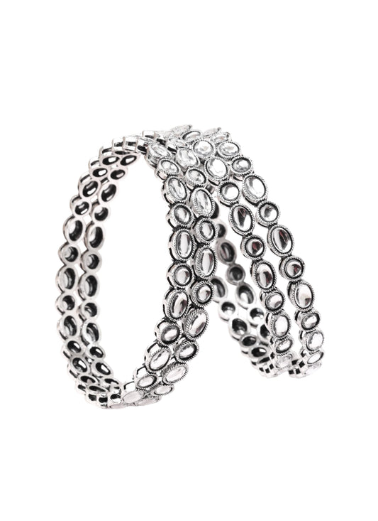 Saloni Fashion Jewellery Trendy Round Shape White Kundan Stone Silver Plated Set Of 4 Bangle Set For Women and Girls