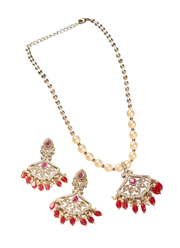 Saloni Fashion Jewellery Splendid Flower Shape Mother of Pearl Red Unkut Kundan Stone Antique Gold Plated Princess Necklace Set For Women and Girls