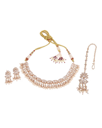 Saloni Fashion Jewellery Glimmery CZ Studded Latkan Pearl Uncut Kundan Stone Rose Gold Plated Brass Choker Necklace Set with Maang Tikkka For Women and Girls