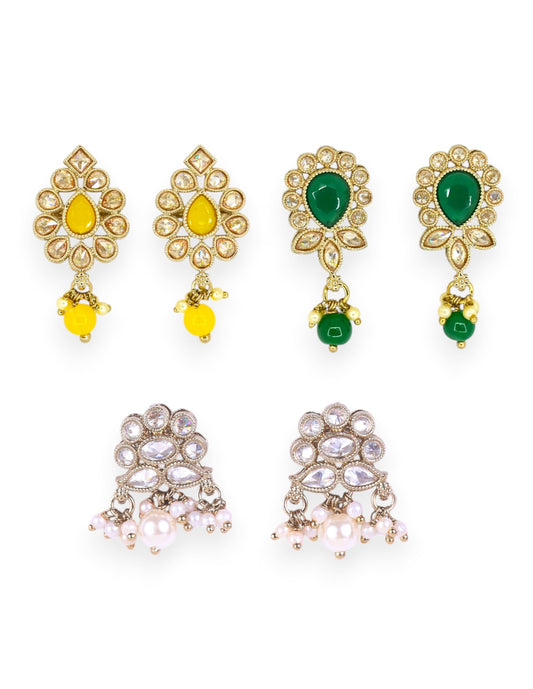 Saloni Fashion Jewellery Glorious Oval and Flower Design Kundan Siler and Antique Gold Plated Set of 3 Combo Dangle Earring For Women and Girls