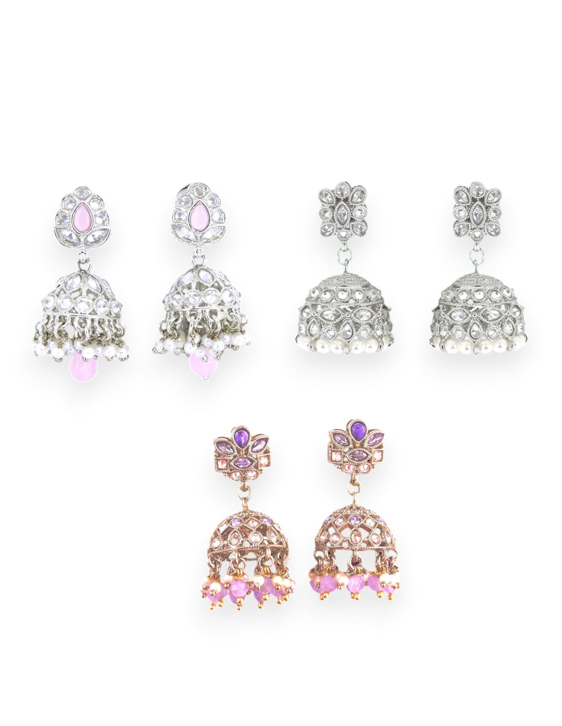 Saloni Fashion Jewellery Graceful Flower Design Kundan Brass Siler and Antique Gold Plated Set of 3 Combo Jhumki Earring For Women and Girls