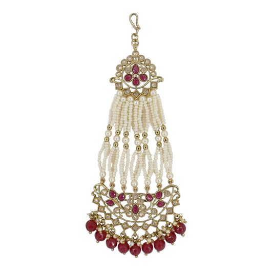 Saloni Fashion Jewellery Pretty Flower and Leaf Design Gold Plated Lariat Pearl Ruby Kundan Stone Passa/Matha Patti For Women and Girls