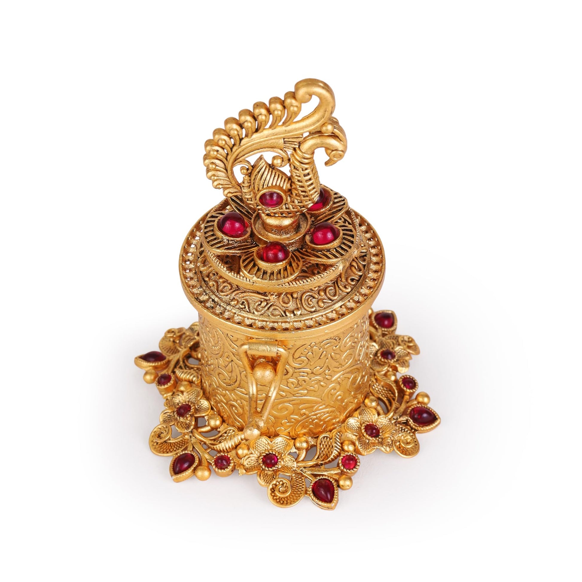 Saloni Fashion Jewellery Traditional Lord Ganesha and Peacock Design Gold Plated Brass Set of 2 Combo Sindoor Dani/Dibbi For Women