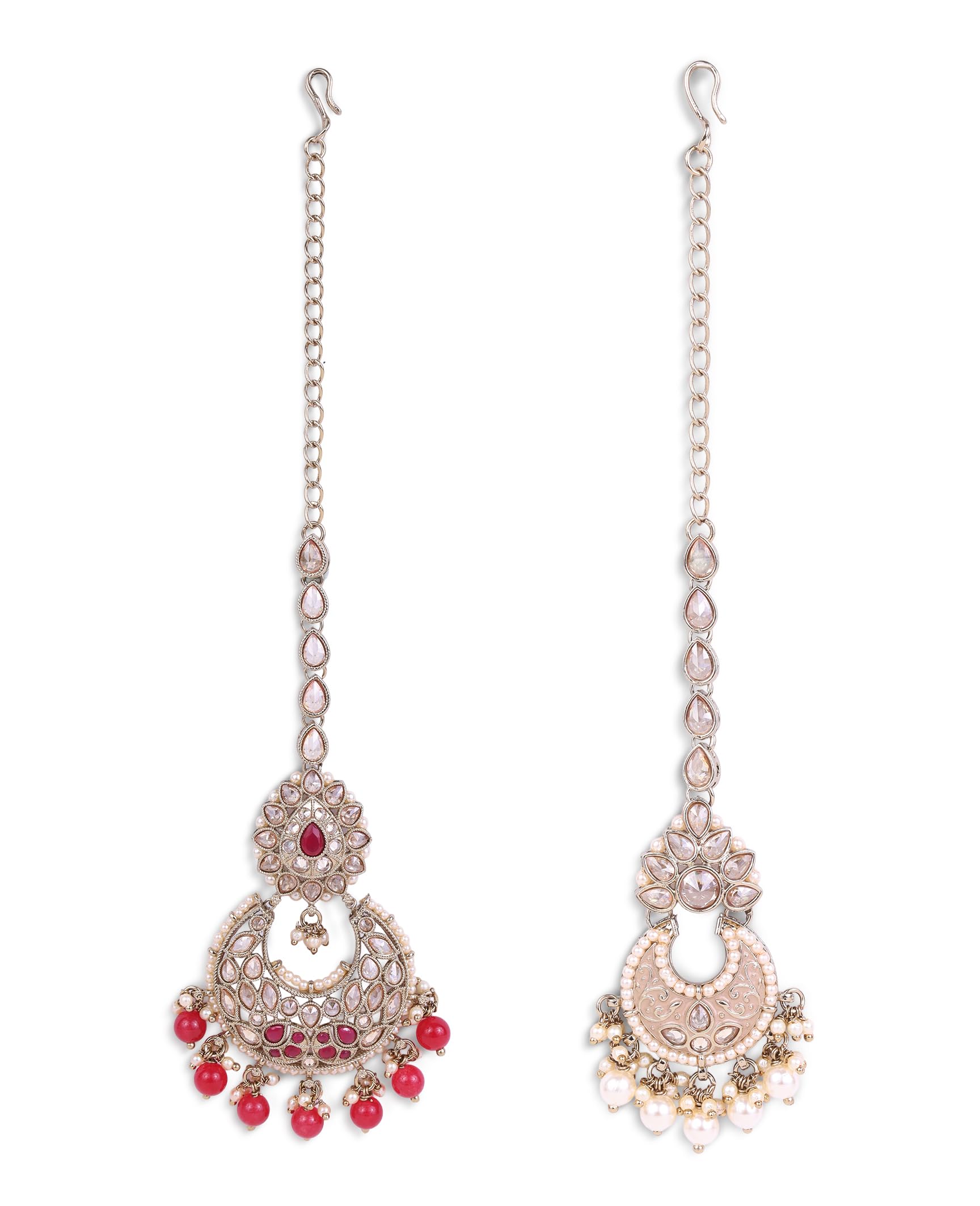 Saloni Fashion Jewellery Traditional Oval and Chandelier Shape Silver Gold Plated Set of 2 Combo Maang Tikka For Women