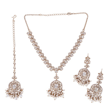 Saloni Fashion Jewellery Glimmery Round Shape Mother of Pearl Uncut Kundan Stone Gold Plated Brass Choker Necklace Set With Maang Tikka For Women and Girls